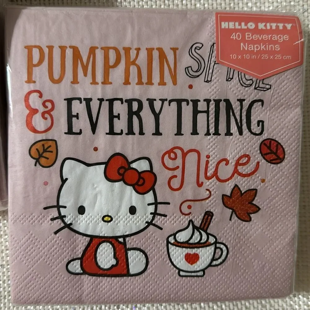 HELLO KITTY Pink White Orange Black Pumpkin Spice Fall Square Beverage Napkins